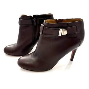 Coach Sondra Brown Leather Heeled Ankle Boot with Gold Logo Buckle Strap